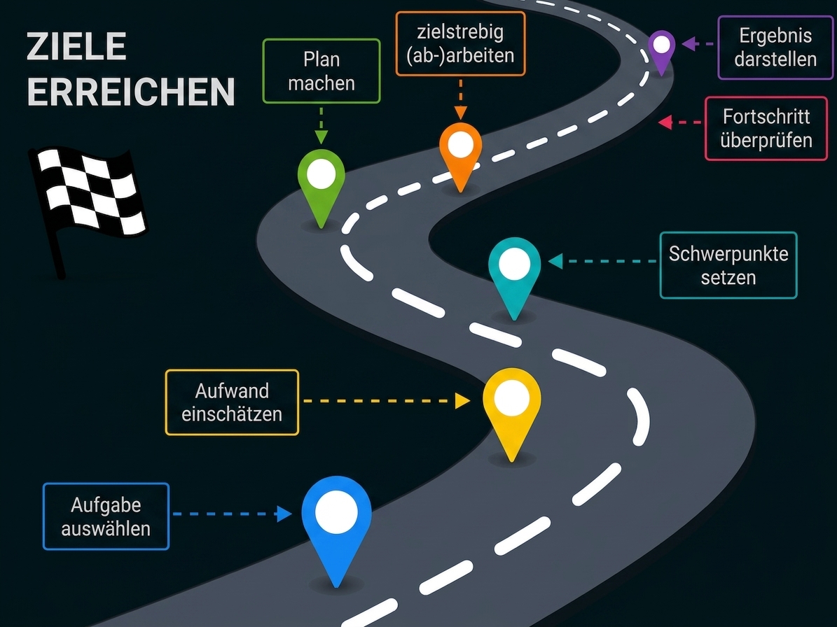 Grafik mit Weg zum Ziel und Schritten wie Aufgabe auswählen, planen und Ergebnis darstellen.